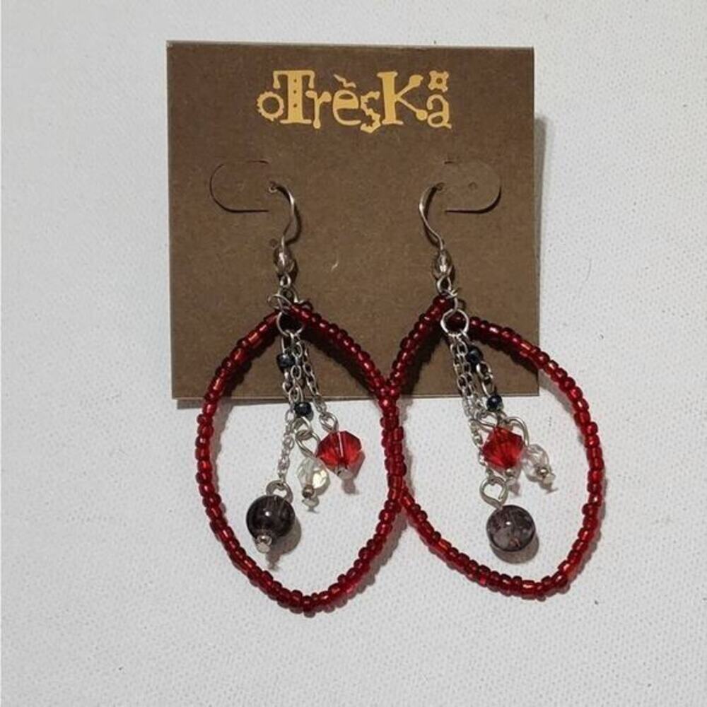 Treska Red Beaded Oval Hoop Earrings Silver Tone Chain Tassel Crystal Dangle 3"